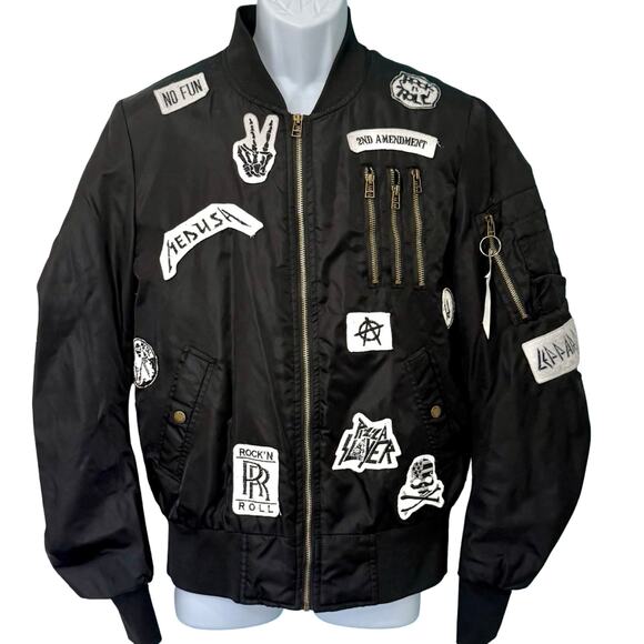 American Stitch Other - American Stitch Black Patchwork Bomber Jacket Punk Rock N Roll Patches Size M